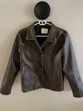 Women's Dark Brown Vegan Leather Utility Jacket with Button Front